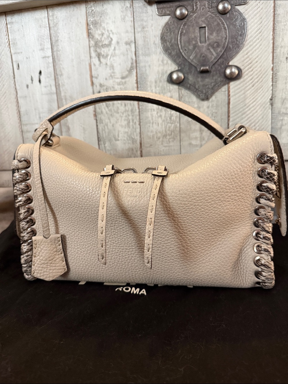Fendi Lei Cream Leather Top-Handle Shoulder Bag with Silver Chain Detail